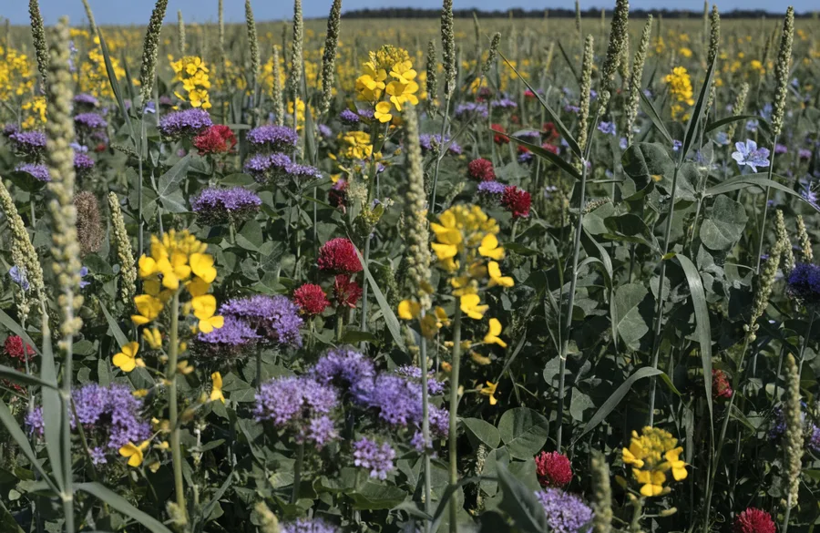 Blühender Mischbestand aus Gelbsenf, Phacelia, Inkarnatklee und Roggen