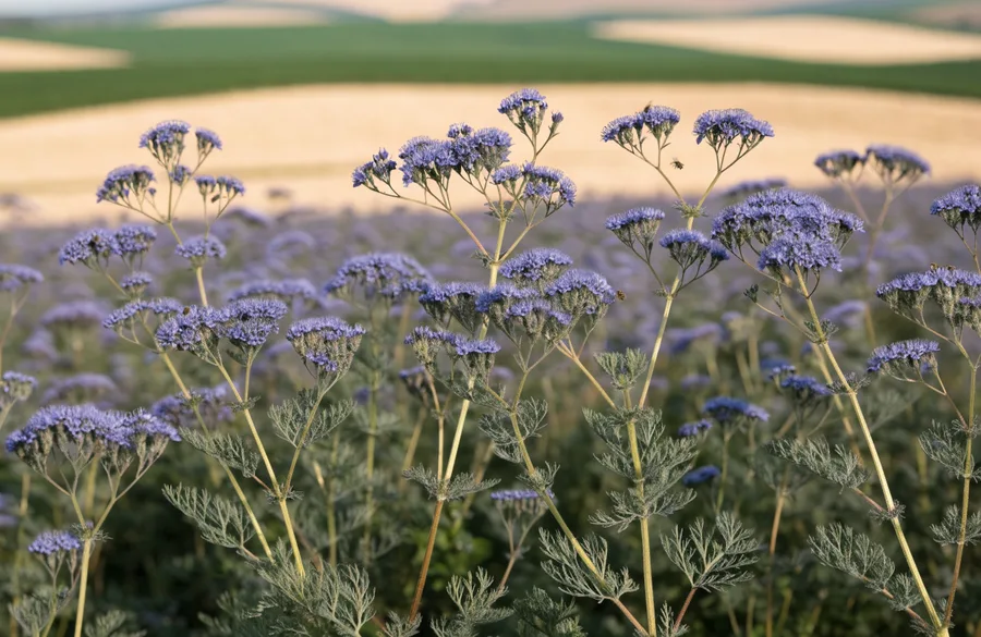 Blühendes Phacelia-Feld mit violetten Blüten und gefiederten Blättern